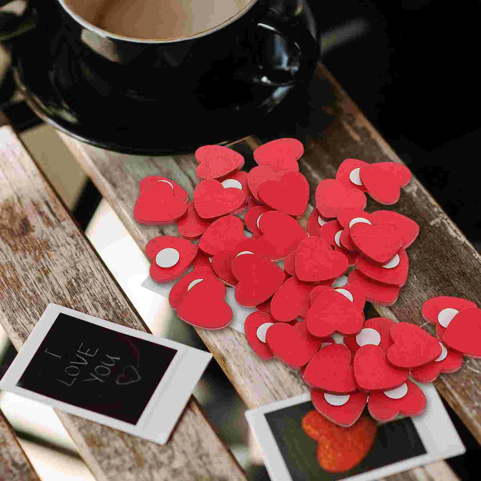 50 Pcs Label Valentine's Day Adhesive Stickers for Wedding Party Crafting Decorations Wooden Red Heart Crafts