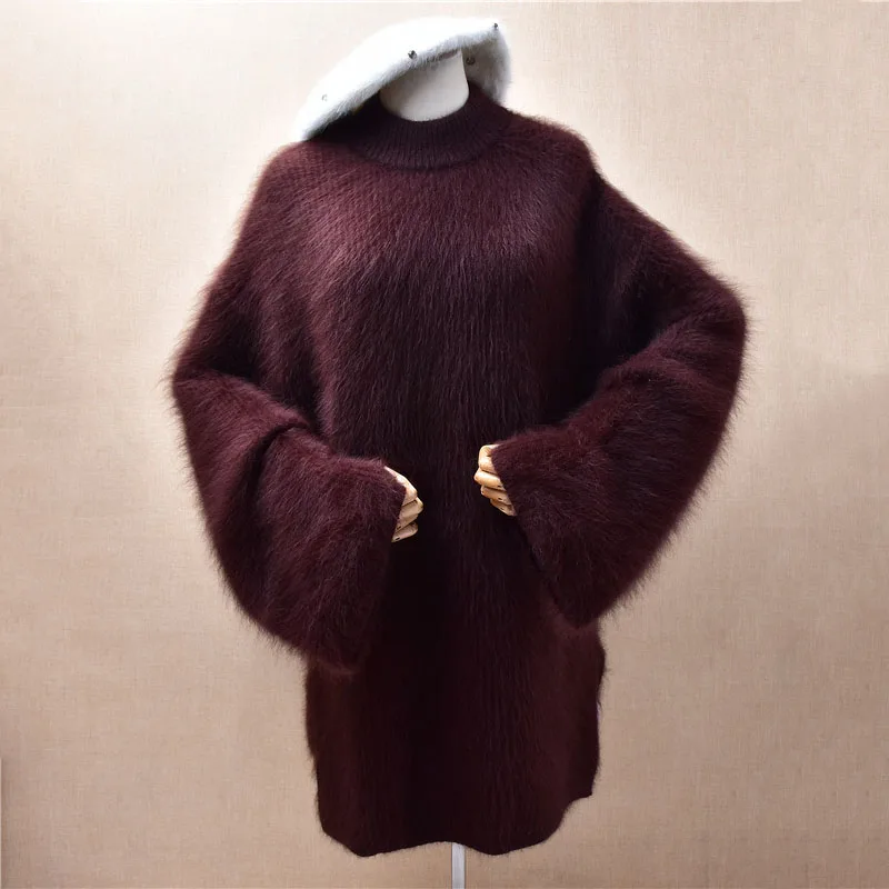 

Women Mujer Autumn Winter Striped Thick Warm Mink Cashmere Knitted Turtleneck Long Sleeves Loose Pullover Sweater Jumper Dress
