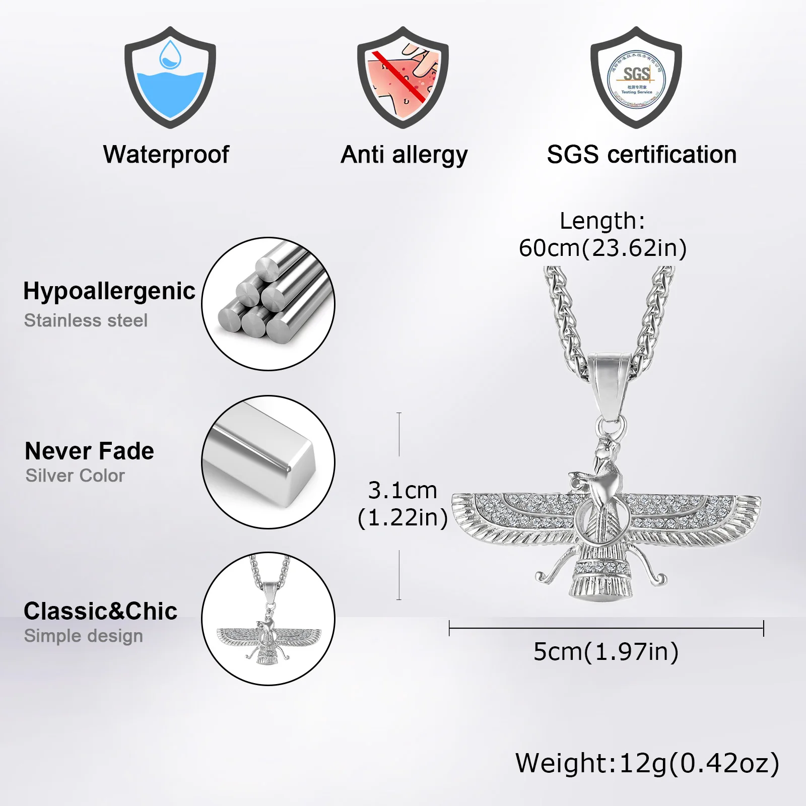 Ahura Mazda Zoroastrian Farvahar Wing Necklace Pendant Stainless Steel Medyan religi Achaemenian Men Jewelry - view 3