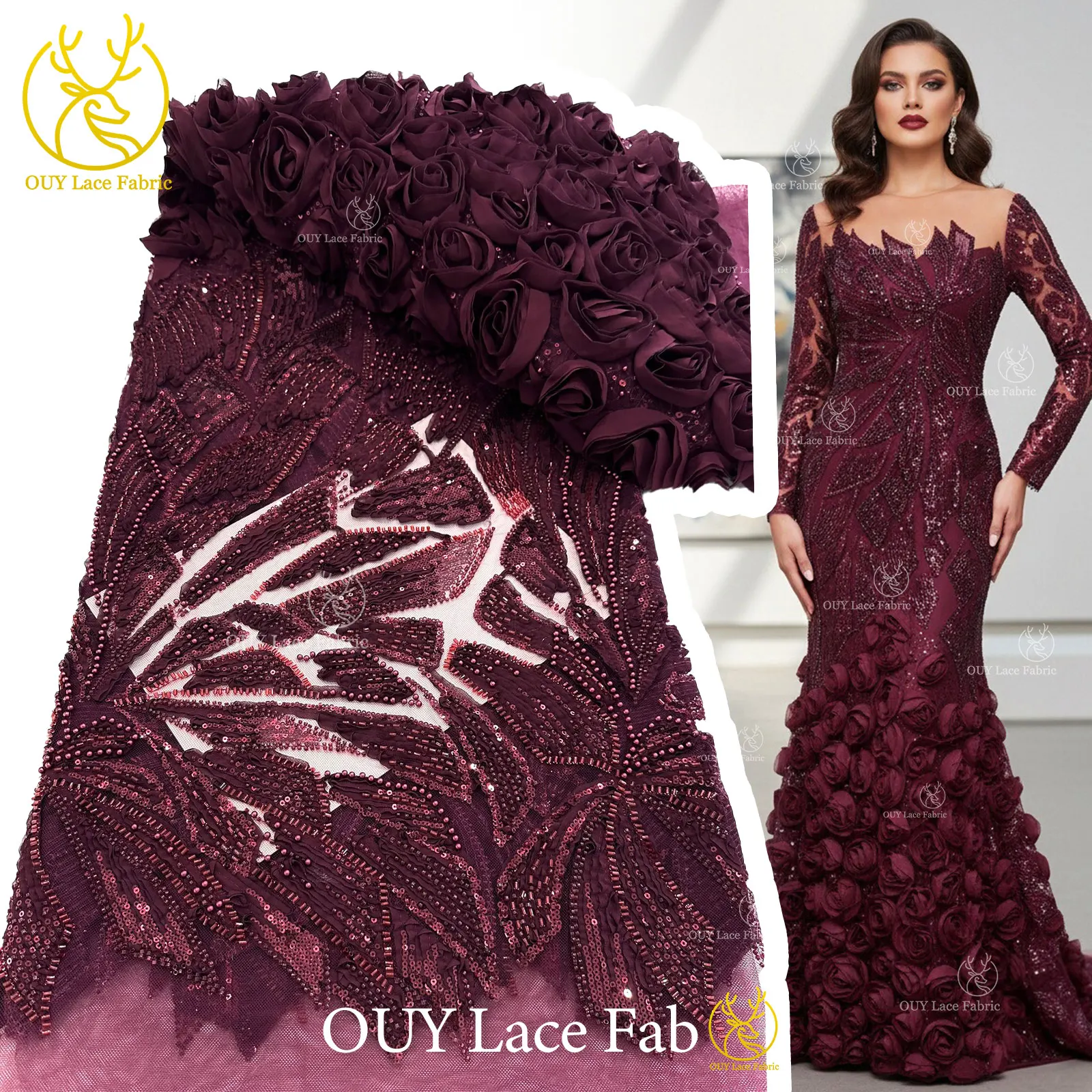 

3D Rose Flowers Lace Fabric 2026 High Quality African Beaded Sequins Mesh Tulle Lace Nigerian For Women Wedding Dress Sewing