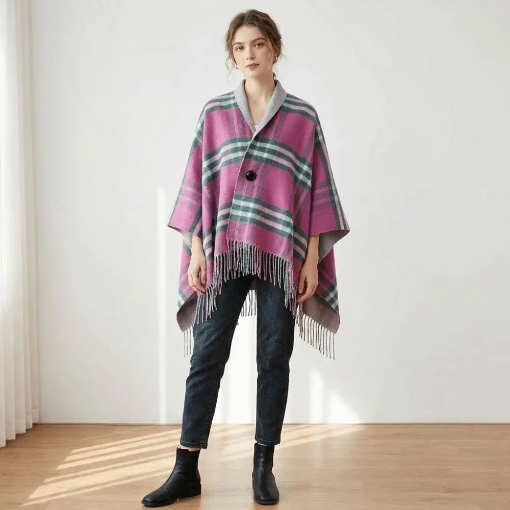 Multi-Functional Double‑Sided Plaid Poncho Shawl Thick Knit Faux Wool Blanket Shawl Button Closure Tassel Trim