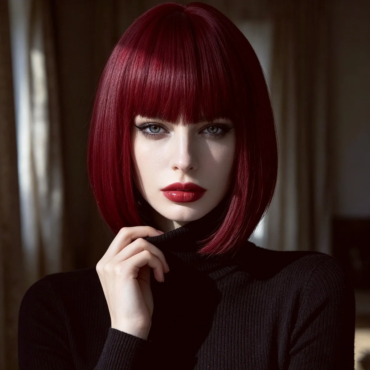 Dark red short bob-style synthetic wig for Halloween cosplay, everyday wear wig made of high-temperature hair, wig headband