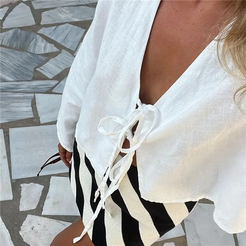 

AG-Tie Front Tops For Women Y2K Linen Shirts Flare Sleeve V Neck Going Out Clothes Casual Lace Up Blouses