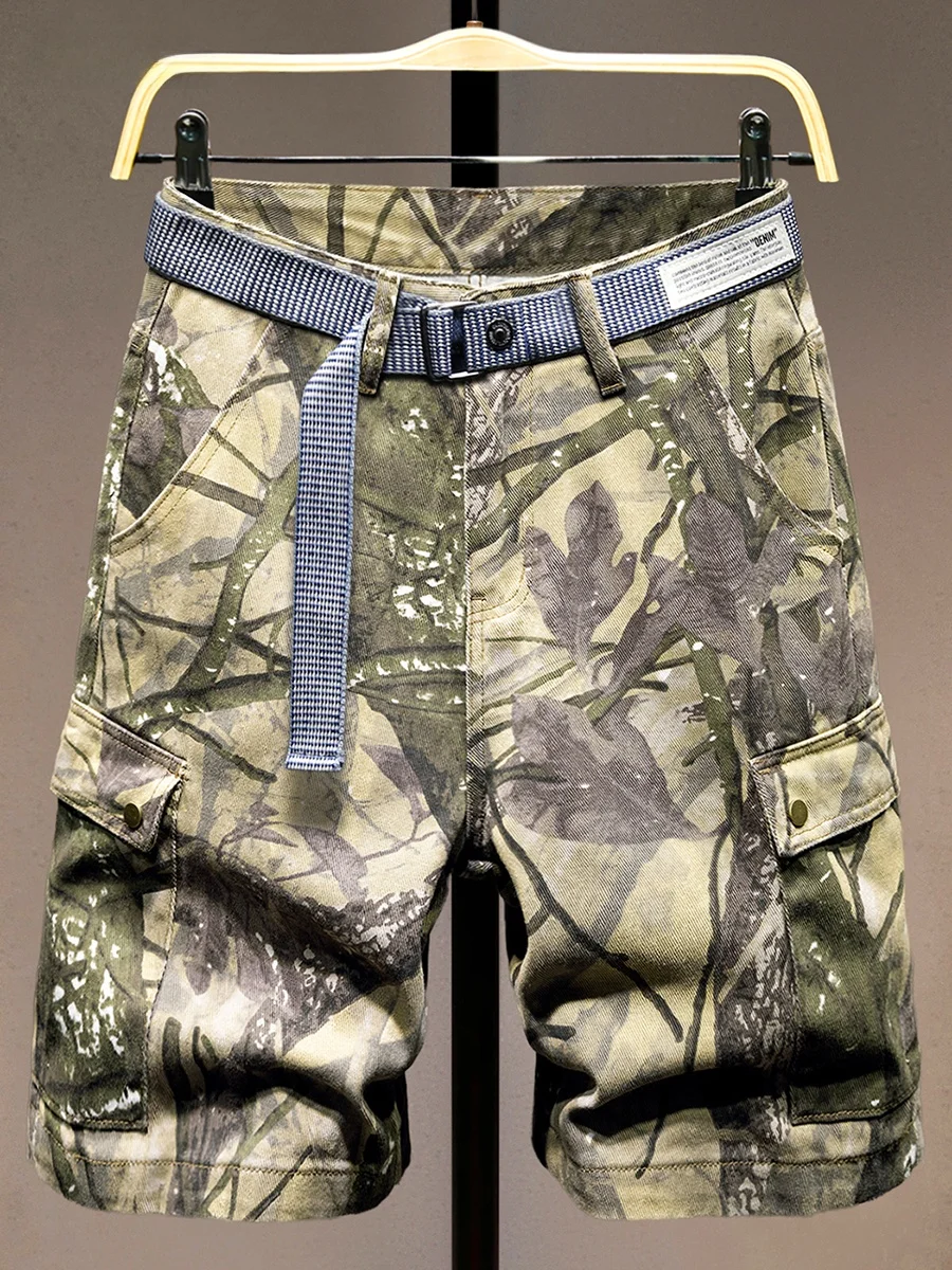 

Новые мужские повседневные джинсовые шорты свободного кроя 2025 года в американском стиле, модные камуфляжные брюки-капри, универсальные джинсы со средней посадкой