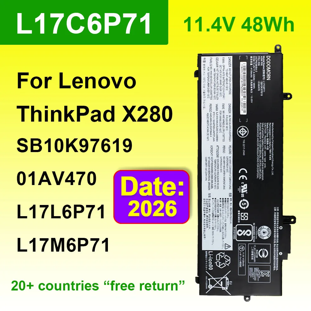 L17C6P71 For Lenovo ThinkPad X280 Series Laptop Battery 01AV470 01AV471 01AV472 L17M6P71 L17L6P71 SB10K97619 11.4V 48Wh 4.220Ah