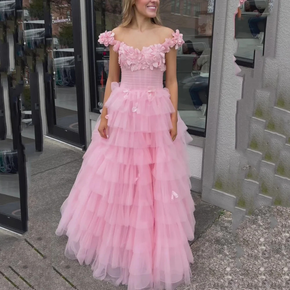 Camellia Romantic Party Dresses Off The Shoulder A Line Evening Gowns Tiered With Flowers New Arrival Tulle Prom Dress