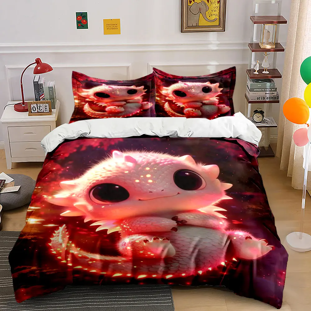 Adorable white dragon in glowing light Print Bedding Set 1 Duvet Cover 2 Pillowcases for Adult Children Luxury Gift Full Size