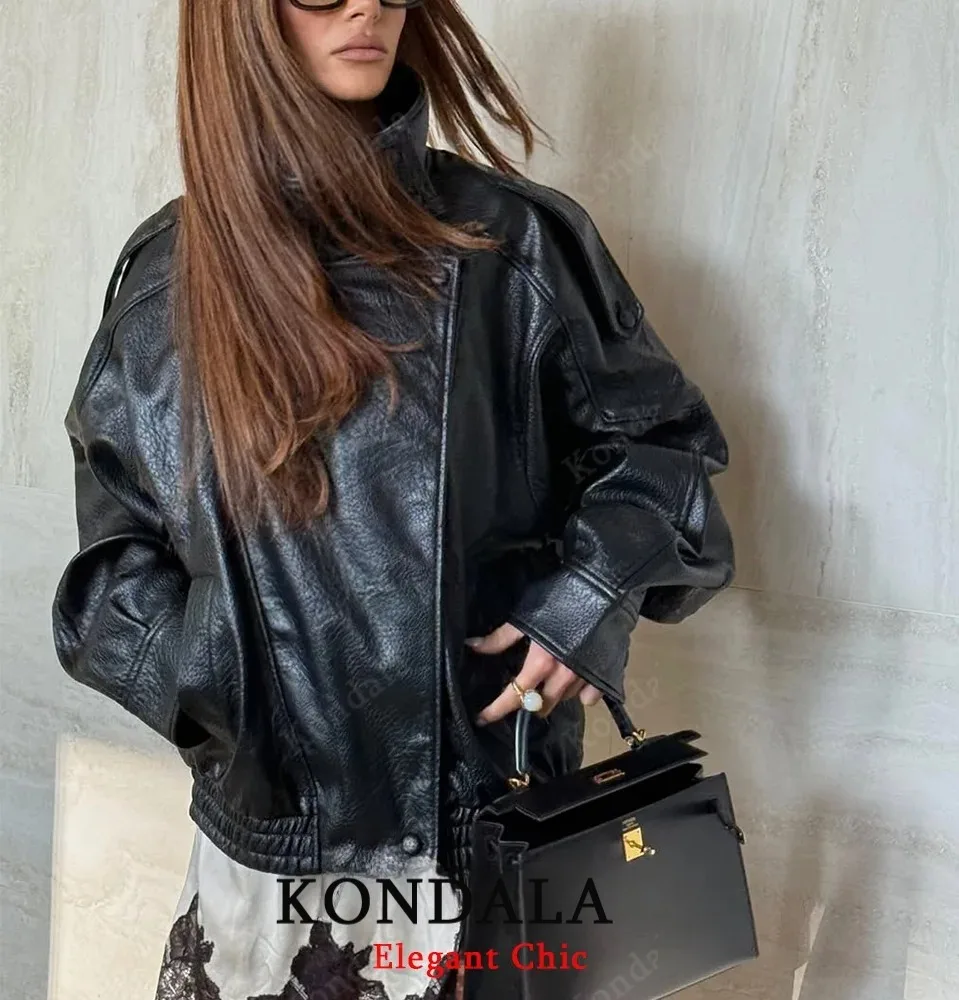 KONDALA المرأة الخريف الوقوف طوق بولي Leather سترة جلدية شارع العليا جاكيت زيبرا 2025 موضة خريف شتاء سترة الإناث معطف