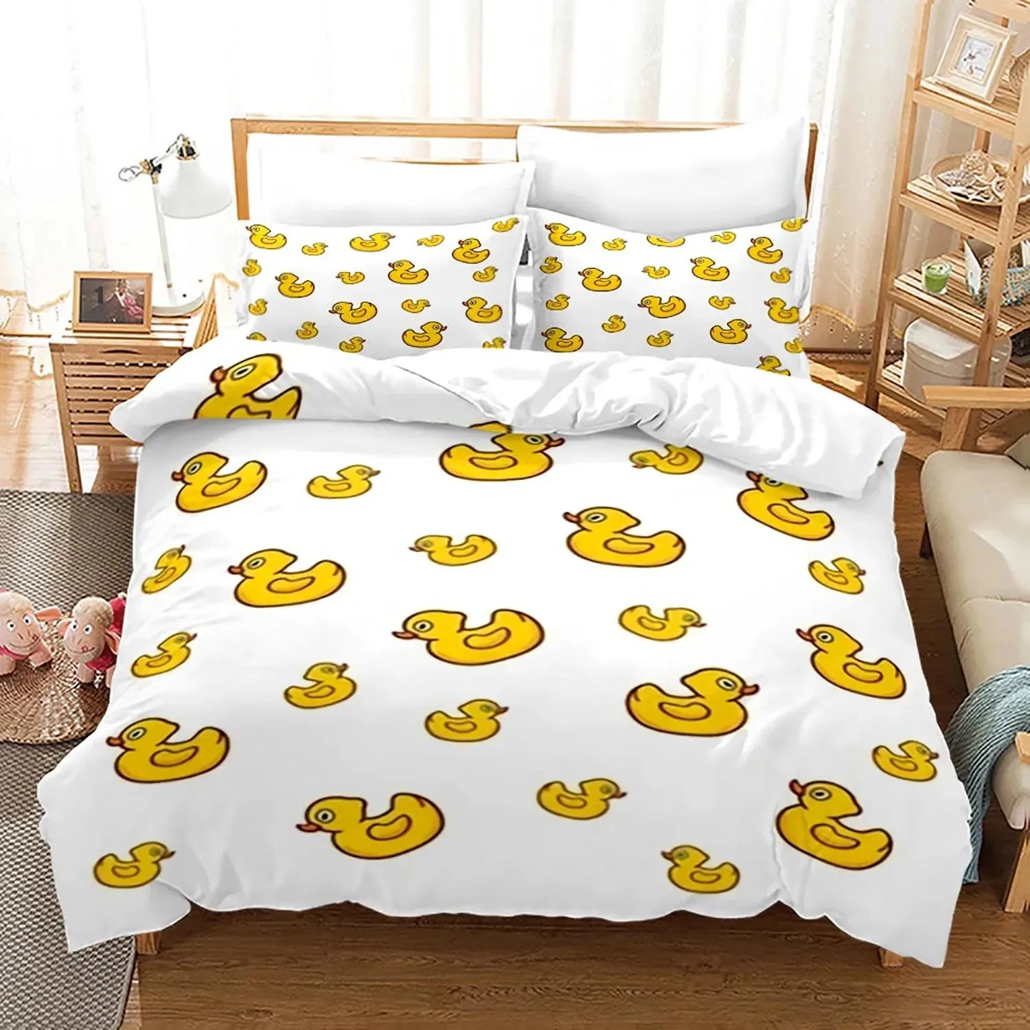 

3PCS Single-sided Cartoon Cute Duck Printed Comforter Bedding Sets Comfortable Bedspreads Comforter Duvet Gift Queen Bedding Set