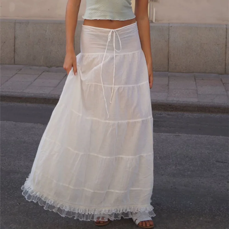 Maemukilabe Y2K Aesthetic Fairy White Long Skirt Women Vintage High Waist Tie Up Lace Trim Maxi A-Line Skirt Korean Streetwear