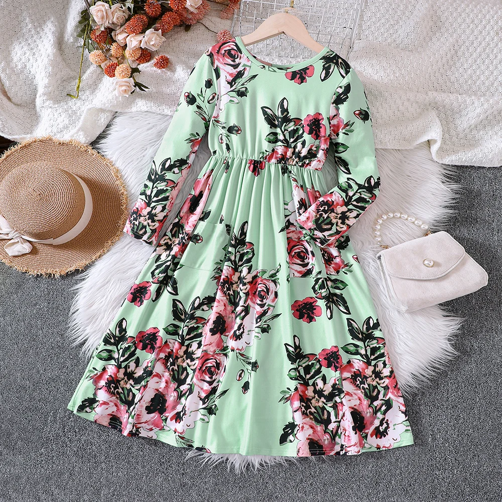 Children\'s New Spring And Autumn Flower Print Long-Sleeved Dress For Girls