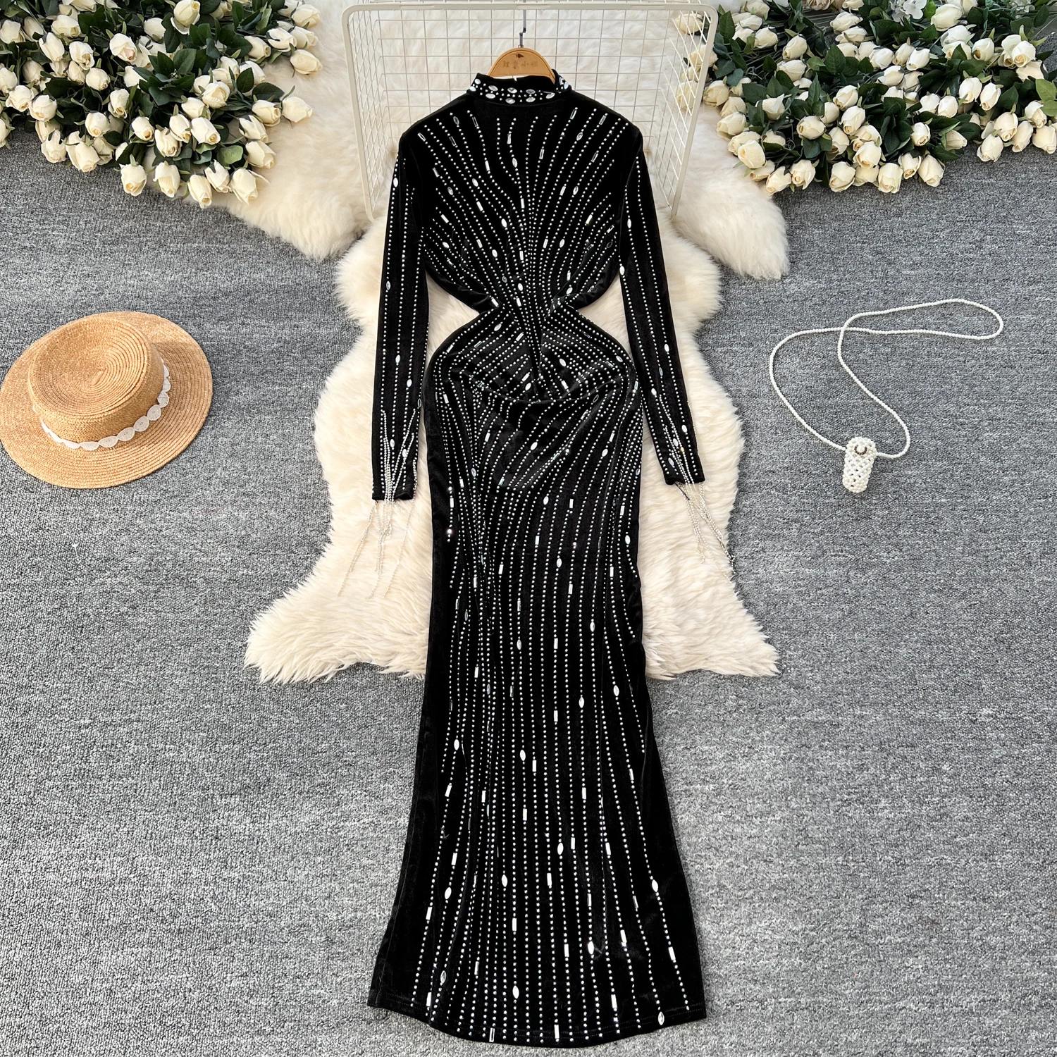 Vintage Long Sleeve Elegant Stand Collar Chic Rhinestone Slim Split Velour Dress Evening High Street Autumn Winter Women Clohing