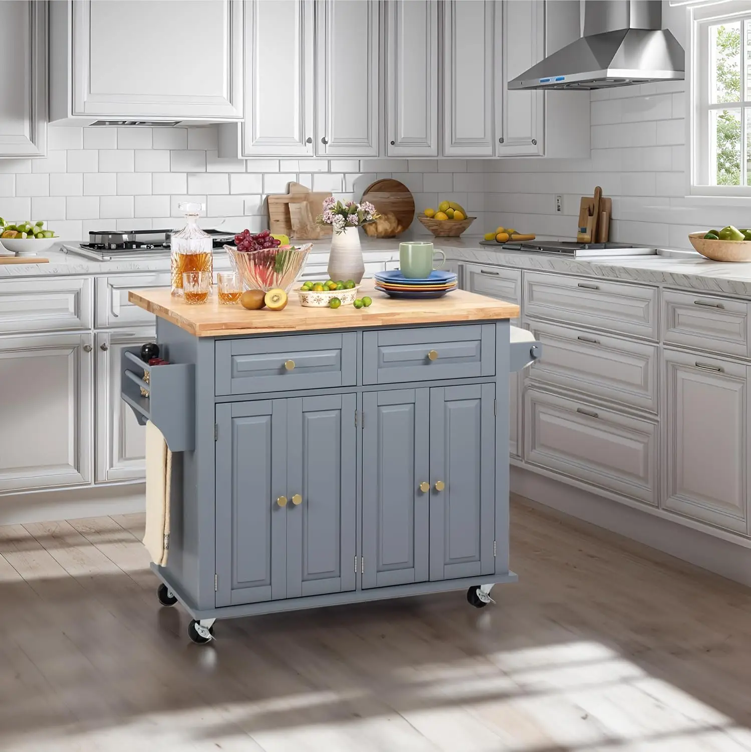 Kitchen Island Cart Drop Leaf Rubberwood Top Spice Towel Rack Drawer Storage Cabinet 43.3