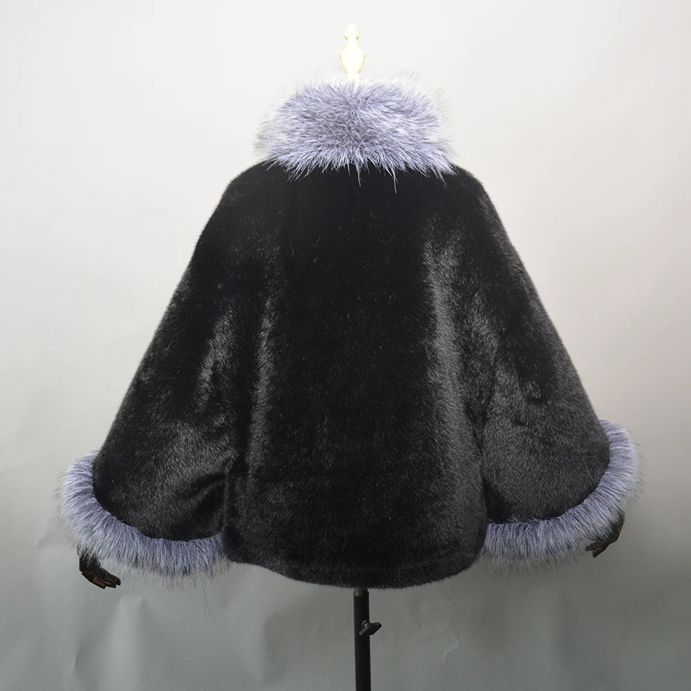 New Knitted Fake Mink Fur Shawl Coat With Fake Fox Fur Collar Women's Fashion Knit Jacket Cape