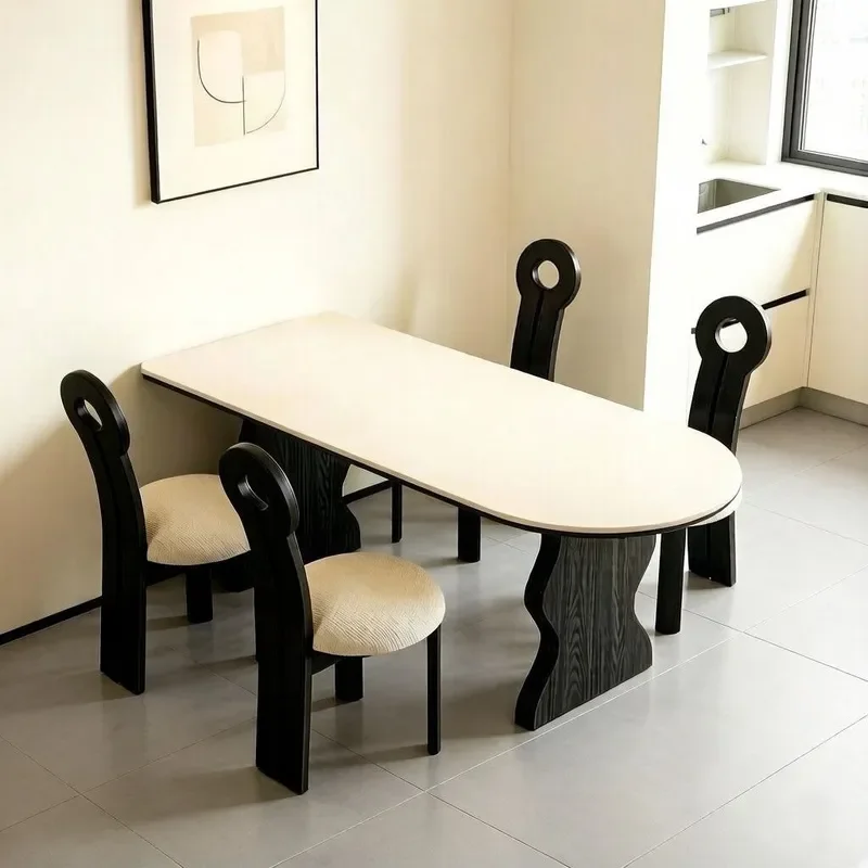 for French Rectangular Dining Table Set Modern Simple Rock Slab Top Ash Solid Wood Retro Style Small Apartment Household