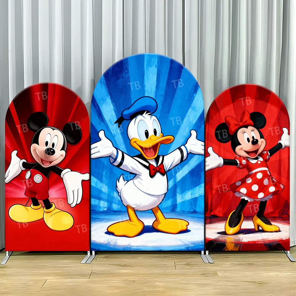 Mickey Minnie y Pato Donald estilo Pop Art cubierta de fondo de arco escena de dibujos animados vibrantes para niños cumpleaños Baby Shower fotomatón