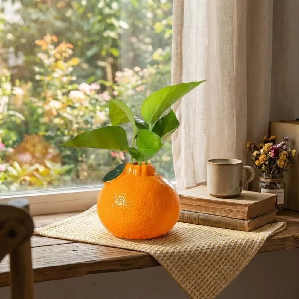 Blumenvase aus Keramik, simulierte orangefarbene Vase, dekoratives orangefarbenes Ornament, Hydrokultur-Vase, Kunstvase, Pflanzenterrarium, Tischdekoration