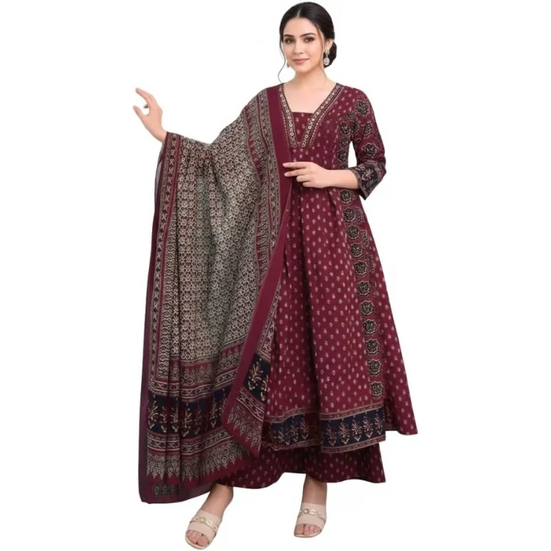

Anarkali Kurta Set for Women Rayon Printed Anarkali Kurti Pant Dupatta Set 3/4 Sleeve Maroon Festive Wear