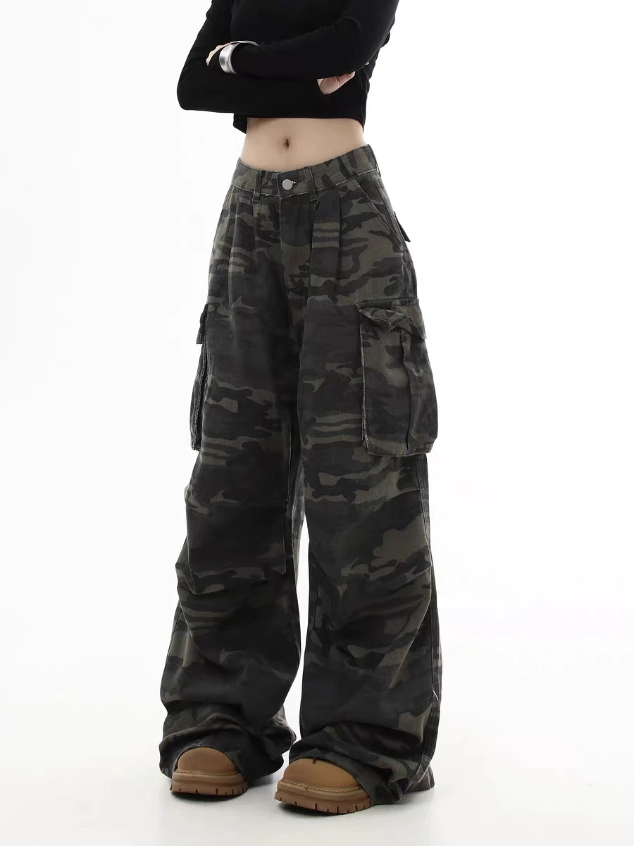 

American Retro Camouflage Work Pants Men's Design Sense Pleated Wide Leg Loose Jeans Women's Casual High Waist Straight Leg J...