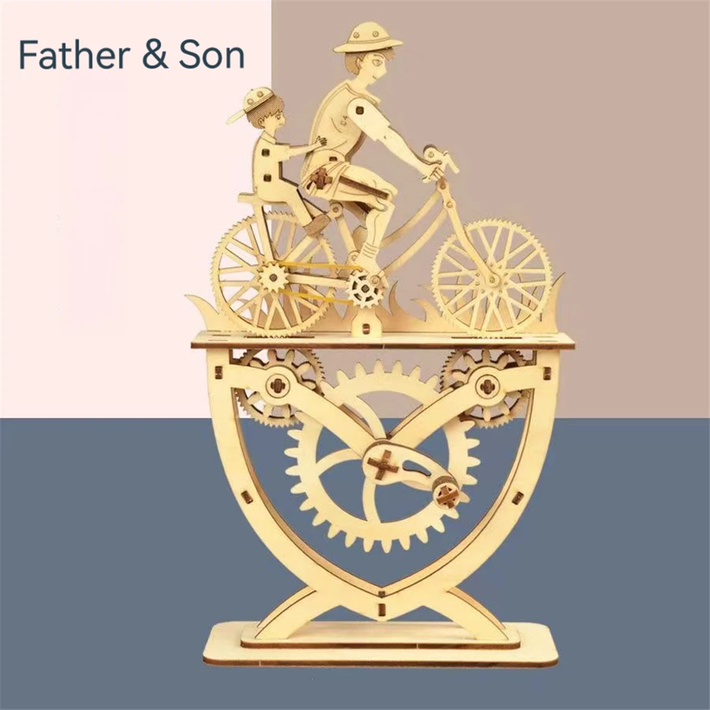 Diy Family Desktop Decor Dad&Son/Daughter Ride Bicycle Figurine Wooden Parts Semi-Finished Assembled Father's Day Children Gifts