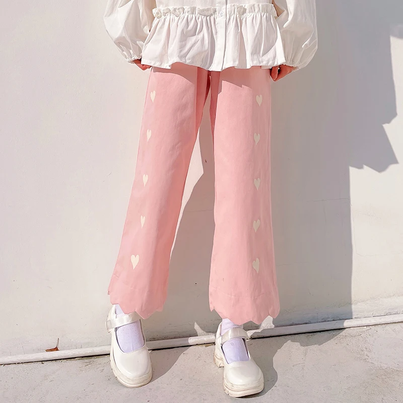 Pantaloni a gamba larga da donna con stampa a cuore autunno allentato alla caviglia dolce adorabile studenti preppy per il tempo libero quotidiano