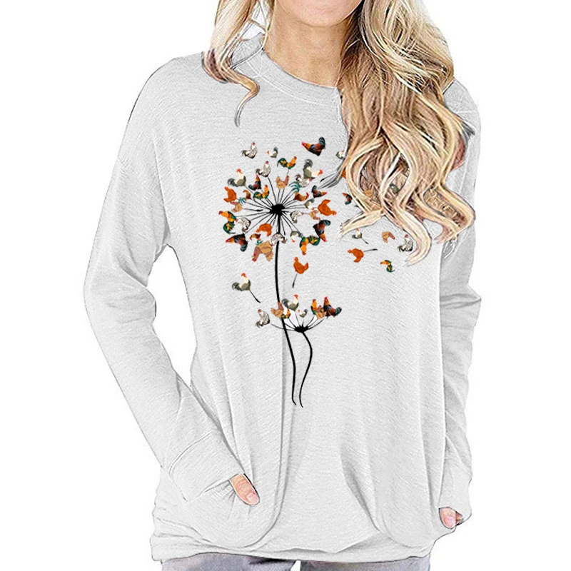 Chicken Flowers Design Fashion Long Sleeve T-shirt Women Chickens Classic Tops Funny Dandelion Chicken Flower Graphic T Shirts