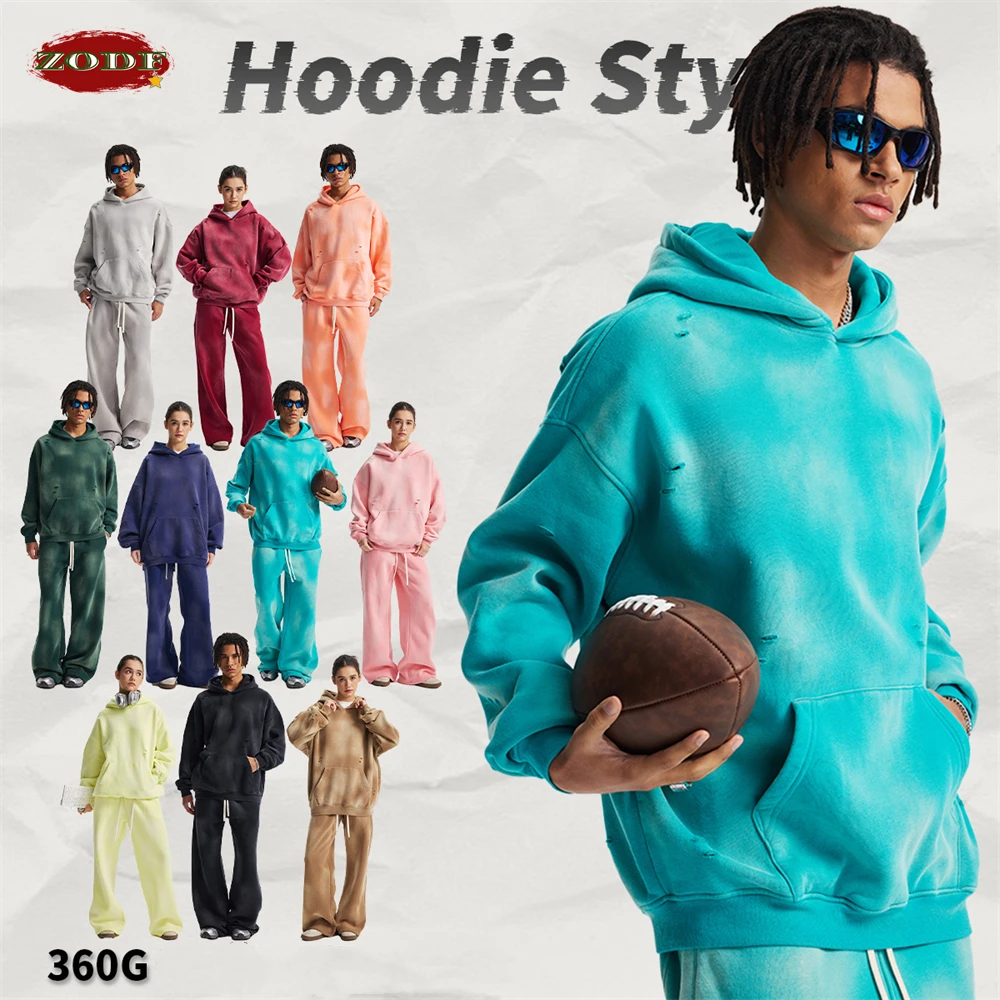 ZODF Vintage Winter Washed 360gsm Fleece Hoodies For Men Unisex Oversized Warm Ripped Holes Hooded Pullovers Coats HY0949