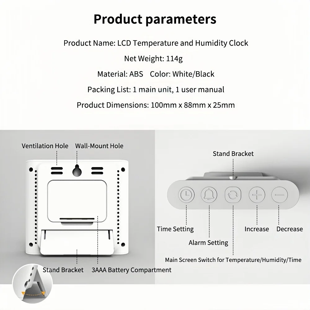 Battery Powered Digital Alarm Clock Backlight TEMP Humidity Date Travel Table Clock 12/24H Date Format Switching LCD Wall Clock view 6
