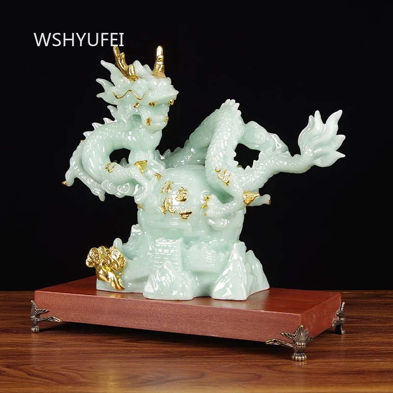 Inviting Wealth Jade and Dragon Ornament Zodiac Auspicious Dragon Fish Tank Decoration Crafts Entrance Mascot with Base