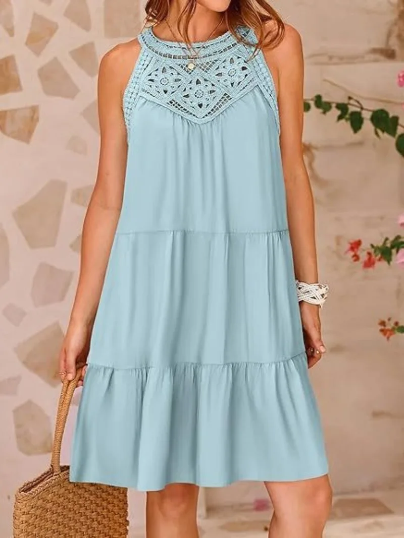 Summer Hollow Backless Dress Casual Sleeveless A-line Layered Swinging Vest Skirt Beach Vacation Mini Skirt