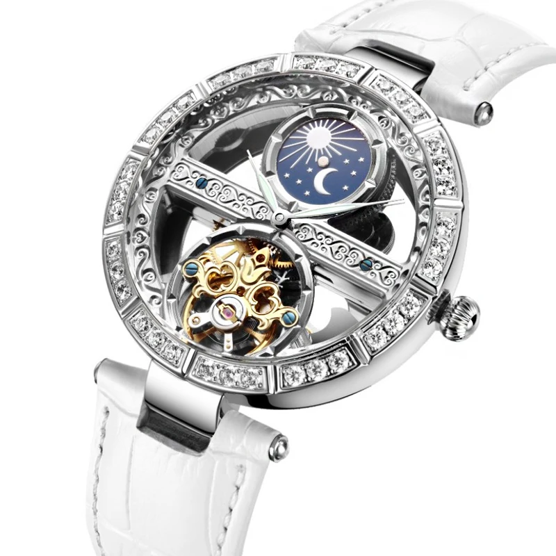 

Механические женские часы с бриллиантами и турбийоном, роскошные водонепроницаемые автоматические часы для женщин, кожаный ремешок с полым фазой Луны