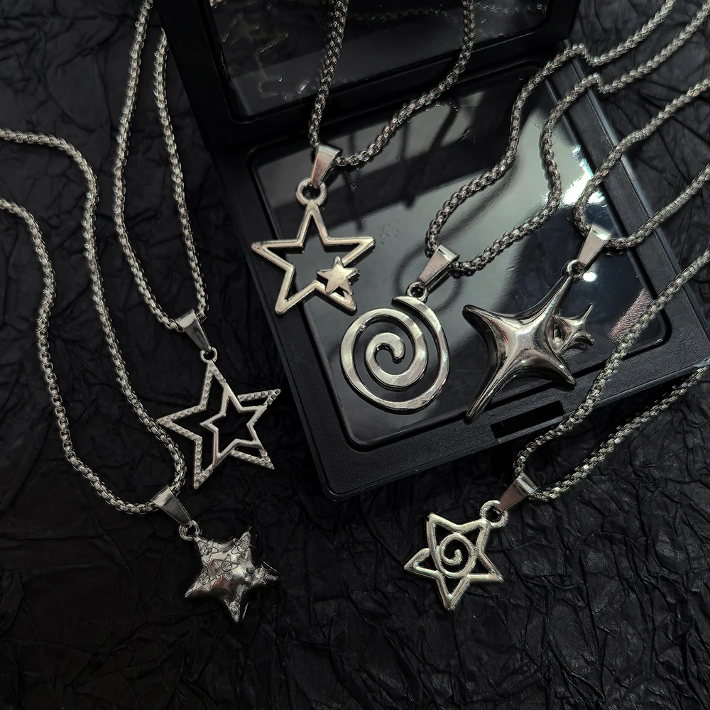 6Pcs Y2K Minimalist Star Layered Necklaces Silver Tone Geometric Star & Spiral Pendant Set for Gift Giving & Daily Wear
