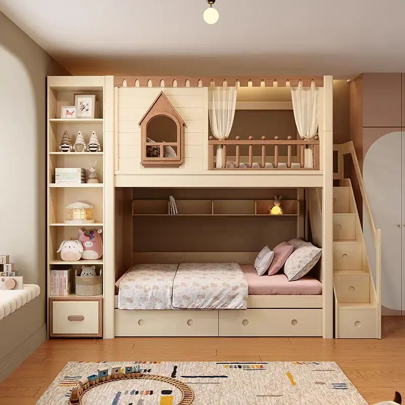 Solid wood upper and lower high and lower beds with slides and steps combined beds Boys and girls Elevated beds Tree house be ds