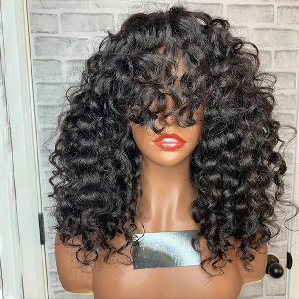 

Soft 26inch 180Density Long Natural Black Kinky Curly Synthetic Machine Wig With Bangs For Women With Baby Hair Preplucked Daily