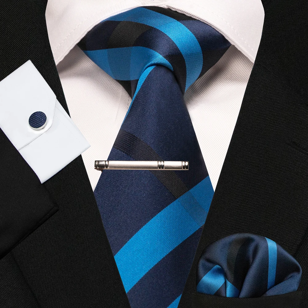 8cm Seidenkrawatten für Herren, grün-schwarze Krawatten, kariert, gestreift, Krawatten-Set mit Einstecktuch, Manschettenknöpfen und Krawattenklammern, für Hochzeit, Business, Party. – Detail 39