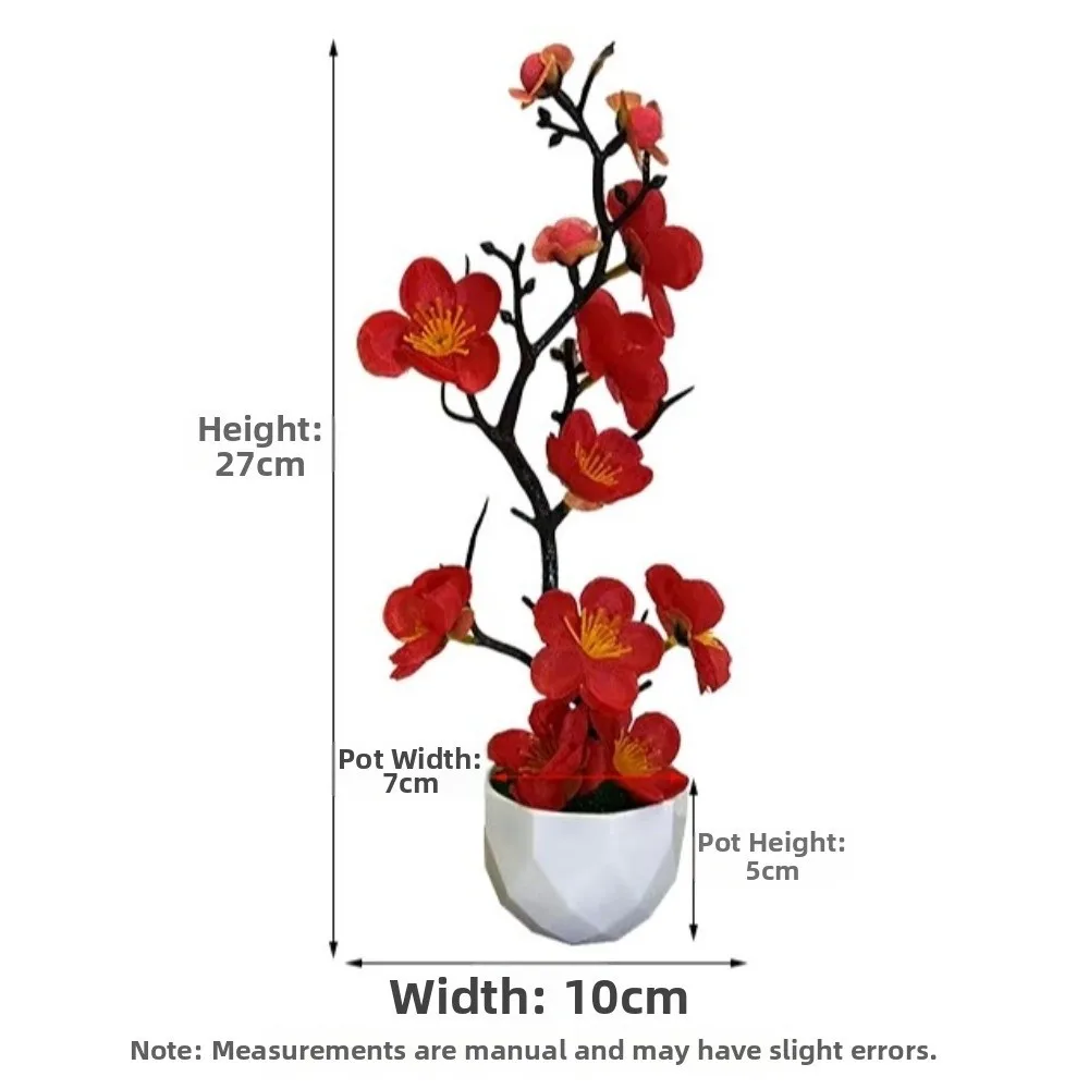 Rote Künstliche Pflaumenblüten-Topfpflanze Kleiner Mehrblüteniger Künstlicher Winterblüten-Bonsai mit Weißem Kunststofftopf – Detail 1