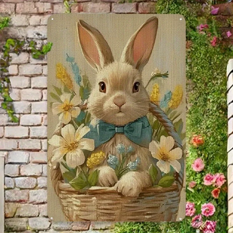 （2D Tin painting）Vintage Easter Bunny Metal Tin Sign Rustic Spring Wall Decor for Kitchen Garden Home 8x12 Inch