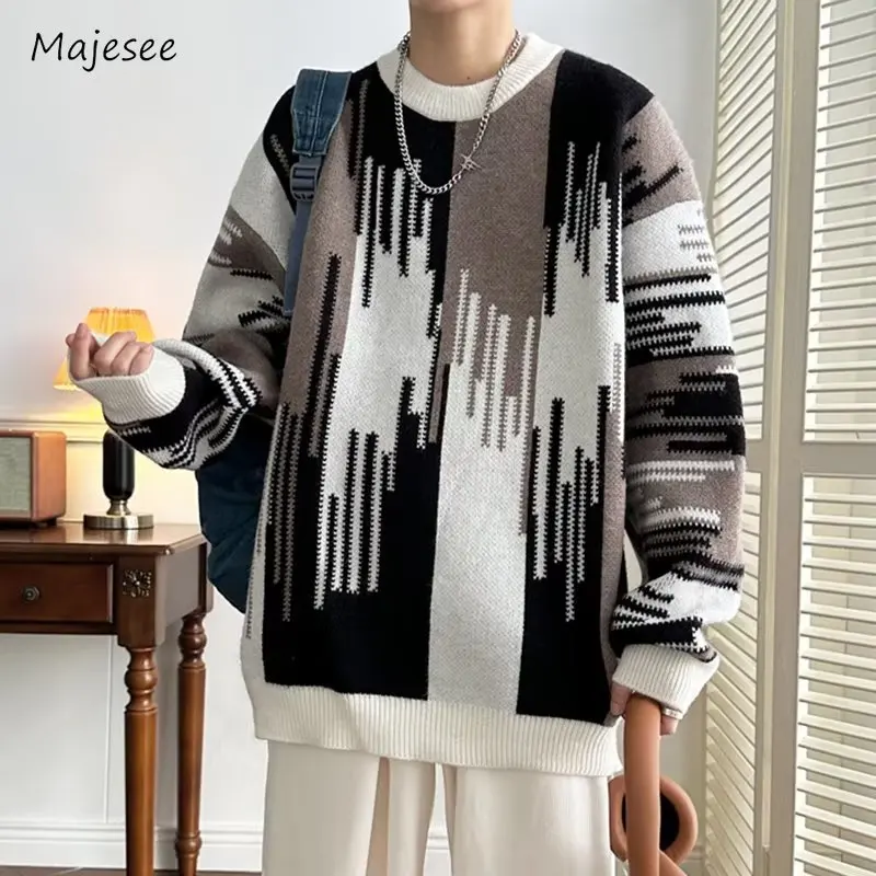 

Contrast Color Sweater Men Autumn Chic Slouchy All-match Fashion Handsome Males Knitwear Korean Commuting Style Hipster O-neck