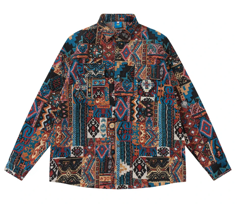 Thick Shirt Coat Y2K Hip Hop Knitted Retro Geometric Patterns Long Sleeve Button Shirts Vintage Harajuku Fashion Loose Tops Male