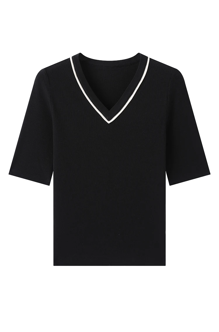 KL7523408 Designer-Stil Damen V-Ausschnitt Strickware Weiche Wollmischung Oberteil Slim Fit Geripptes Kurzarm-T-Shirt – Detail 13