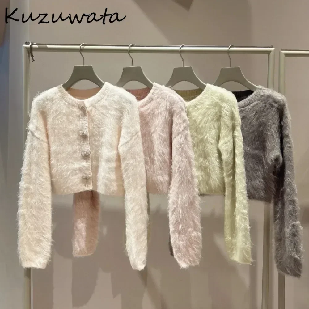 Kuzuwata New V Neck Long Sleeve Fur Bow Cardigan Pure Desire Wind Sweet French Jumper Japanese Short Fluffy Knit Exquisite Mujer