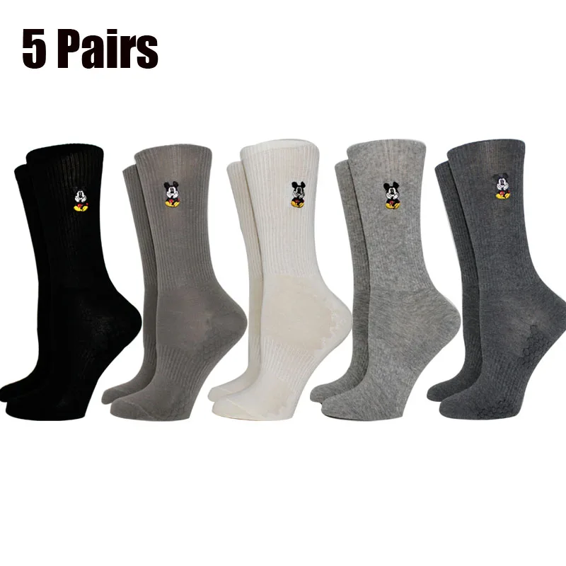 

5 Pairs Mickey Cartoon Embroidery Women Socks Korea Cotton Long Socks Kawaii Girl Sock Casual Solid color Sport Socks Size 35-40