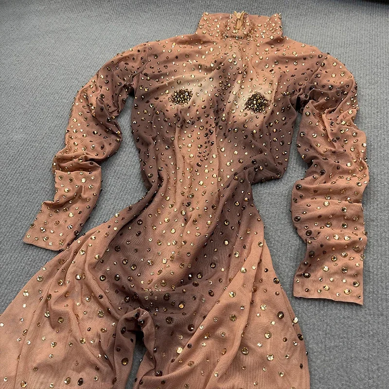 

Rhinestone jumpsuit long sleeve mesh see throught Club party Rompers with belt Women Sexy Party Night romper