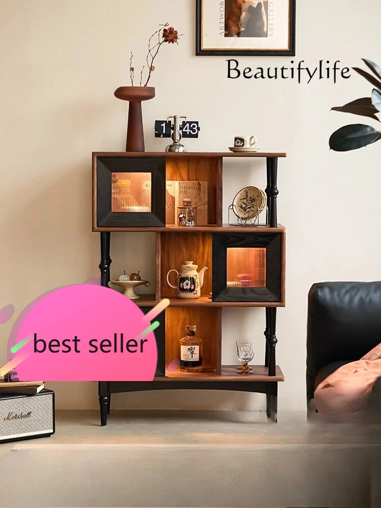 

BJ French Retro Contrasting Color Black Short Bookcase, Black Walnut Solid Wood Medium Antique Style Entrance Cabinet, Side Cabi