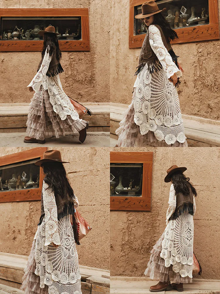 

102cmBust Lace Long Shirts Women Bohemian Crochet Hollow Out Front Short Back Long Knitted Blouse women long pullover outer wear