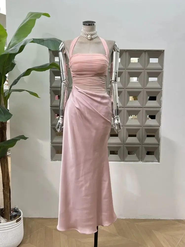 신상 여성 우아한 핑크 섹시 홀터 백리스 메쉬 시스루 파티 드레스 생일 연예인 이브닝 프롬 웨딩 드레스