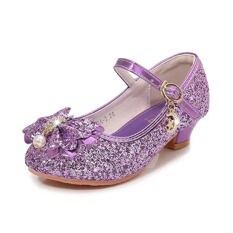 Girls Princess Bowknot Leather Shoes Fashion Girls Party Dance Shoes Kids Diamond High Heel Children Girl Dance Glitter Shoes