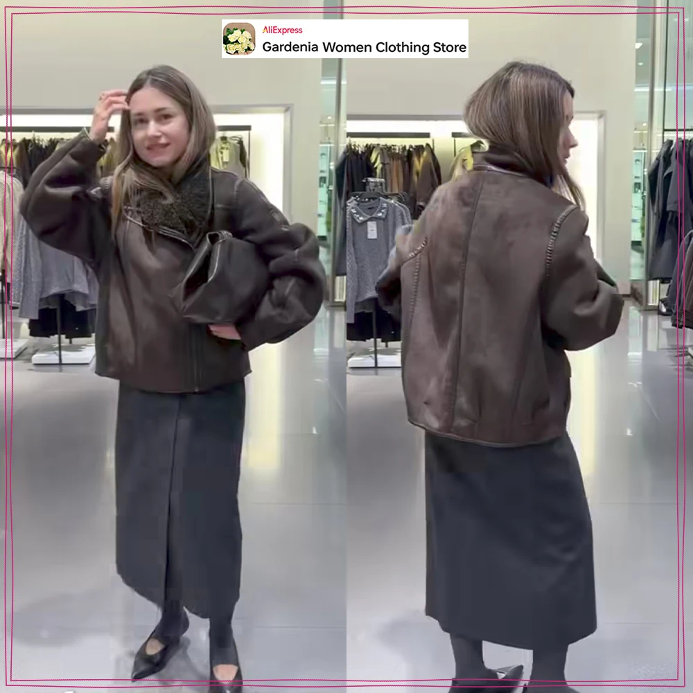 

New in Winter Brown Double-faced Jacket for Women Casual High Collar and Long Sleeves Zippered Outwears with Tonal Fleece Lining
