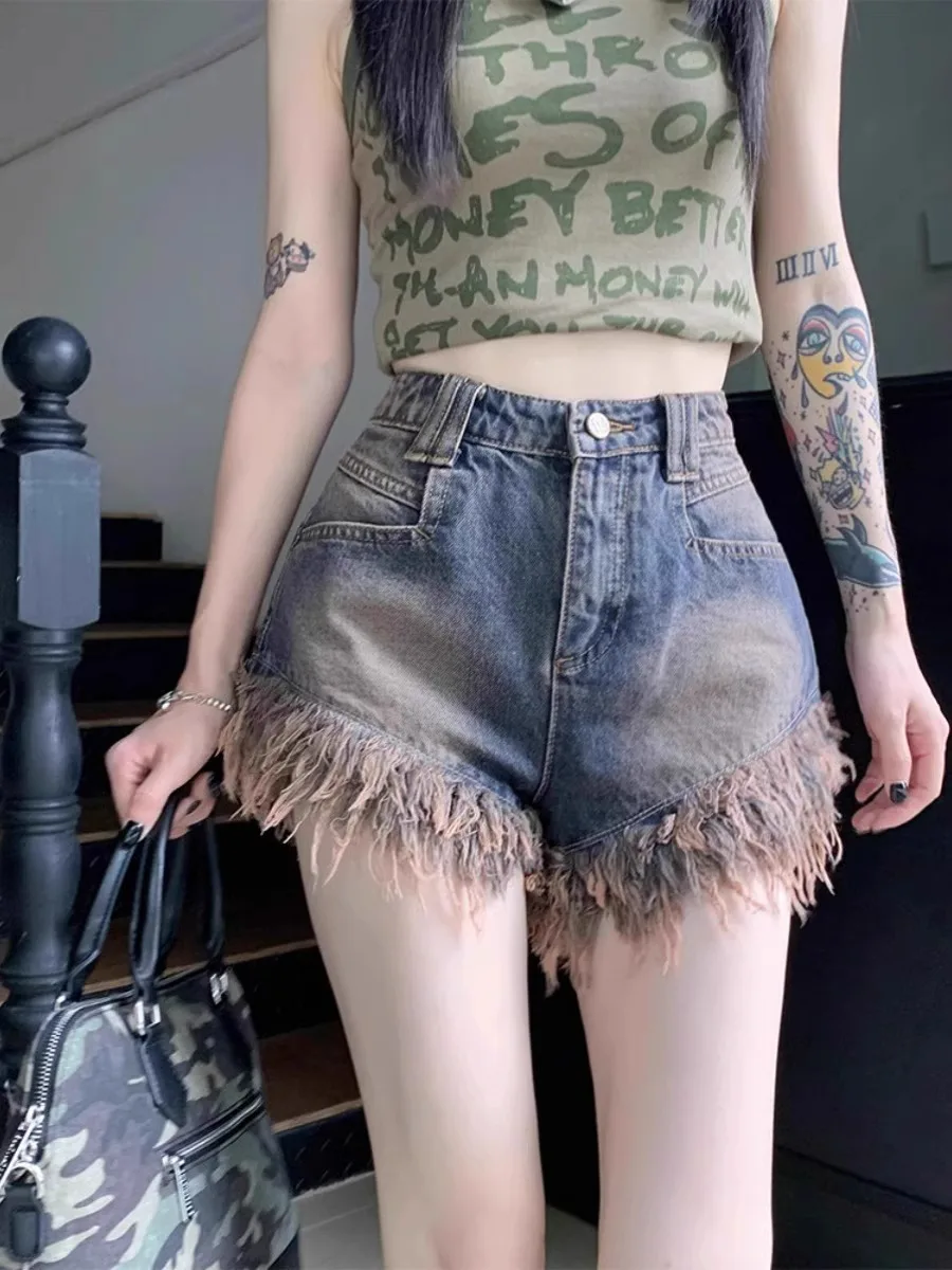 ヴィンテージ レディース デニム ショートパンツ ハイウエスト フリンジ 女性用 ショートジーンズ ホットパンツ 原宿ファッション 服 2025 ギャル ジョーツ セクシー ボールズ