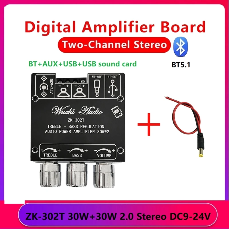 ZK-302T Bluetooth Digital Amplifier Board With DC Cable With High And Low Bass Adjustment Audio Module DC9-24V